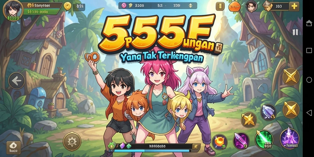 Tampilan gameplay seru dalam 555F dengan karakter anime berinteraksi.