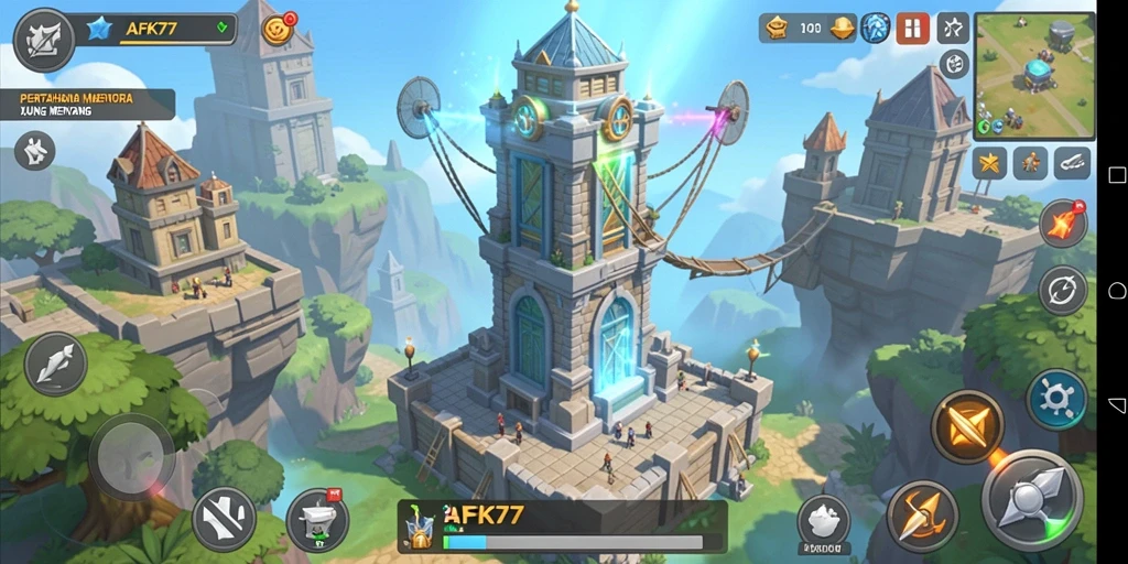 Tampilan gameplay AFK77 menampilkan menara dan musuh dalam aksi dramatis.