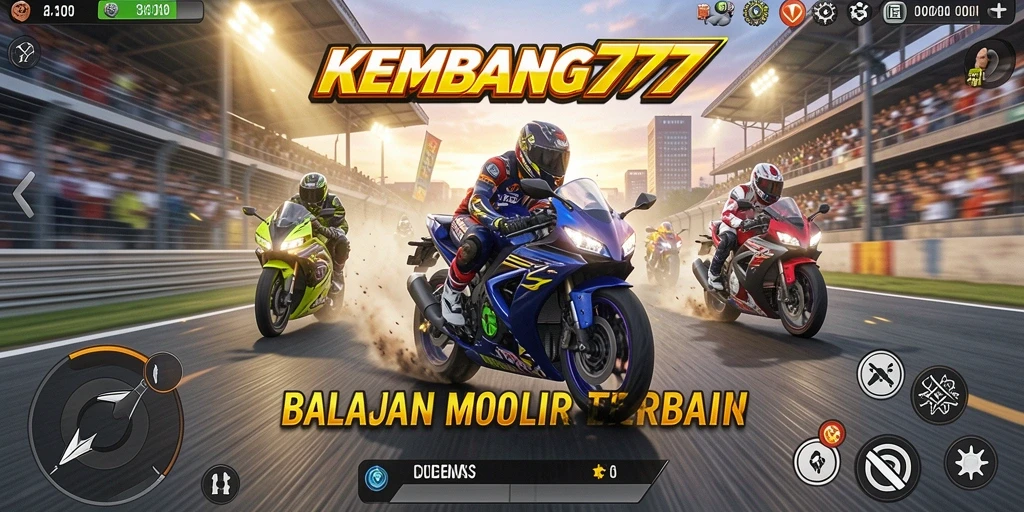 Tampilan gameplay menegangkan dari KEMBANG777 saat balapan motor.