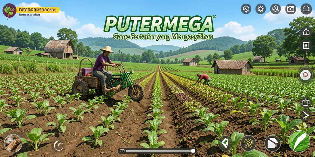Tangkapan layar gameplay PUTERMEGA menampilkan lahan pertanian yang luas dengan tanaman hijau subur.