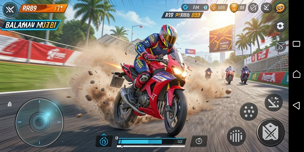 Screenshot gameplay RR89 menampilkan balapan motor yang seru dan mendebarkan.