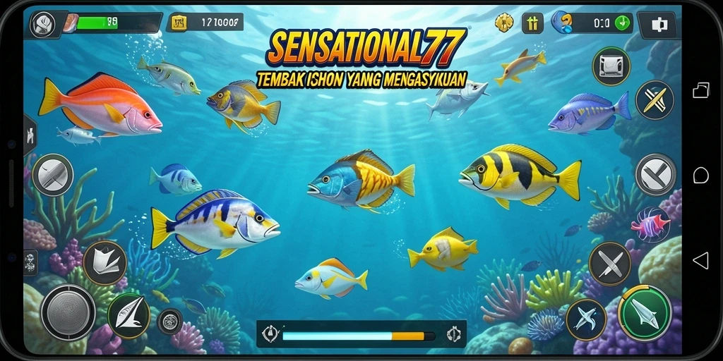 Tampilan gameplay SENSATIONAL77 menampilkan aksi menembak ikan yang seru.